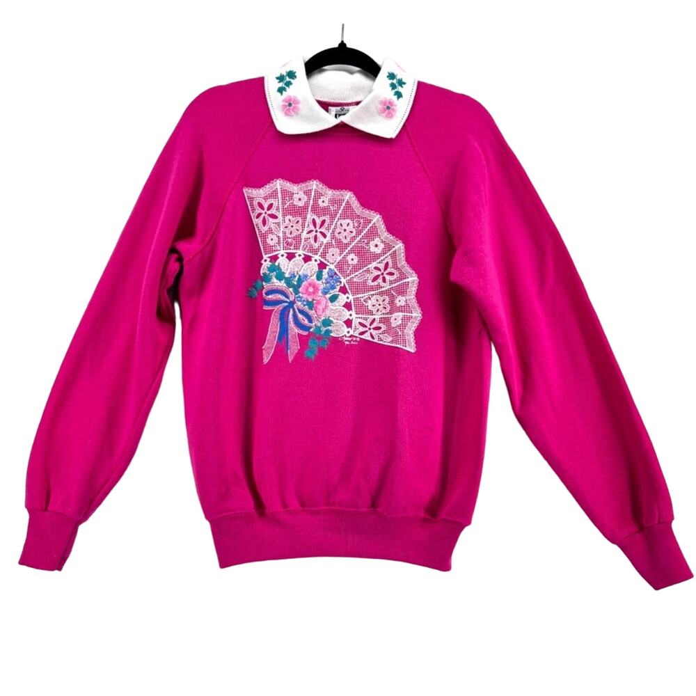 80s 90s Vintage Lee Grandmacore Cottage Core Granny Hot Pink Sweatshirt Medium